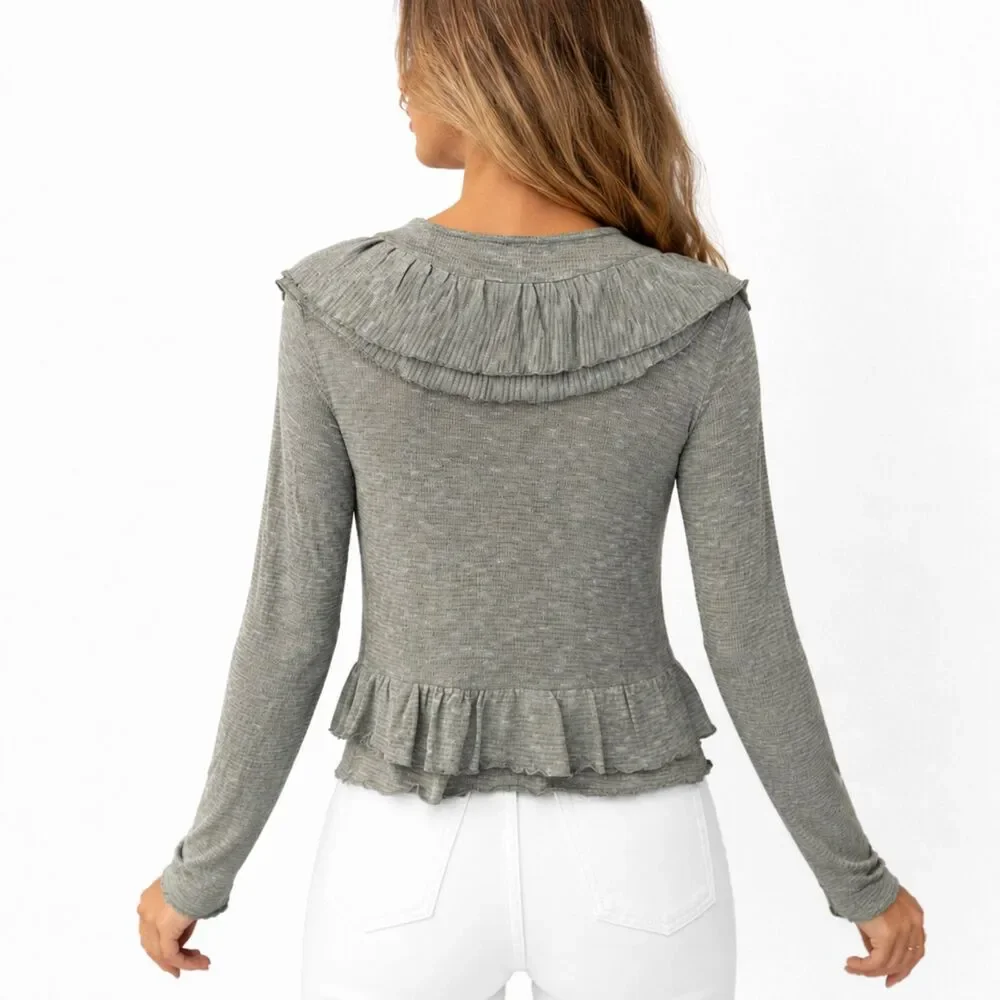 Ya LA Cardigan Large Sweater Ruffled Gray NWT